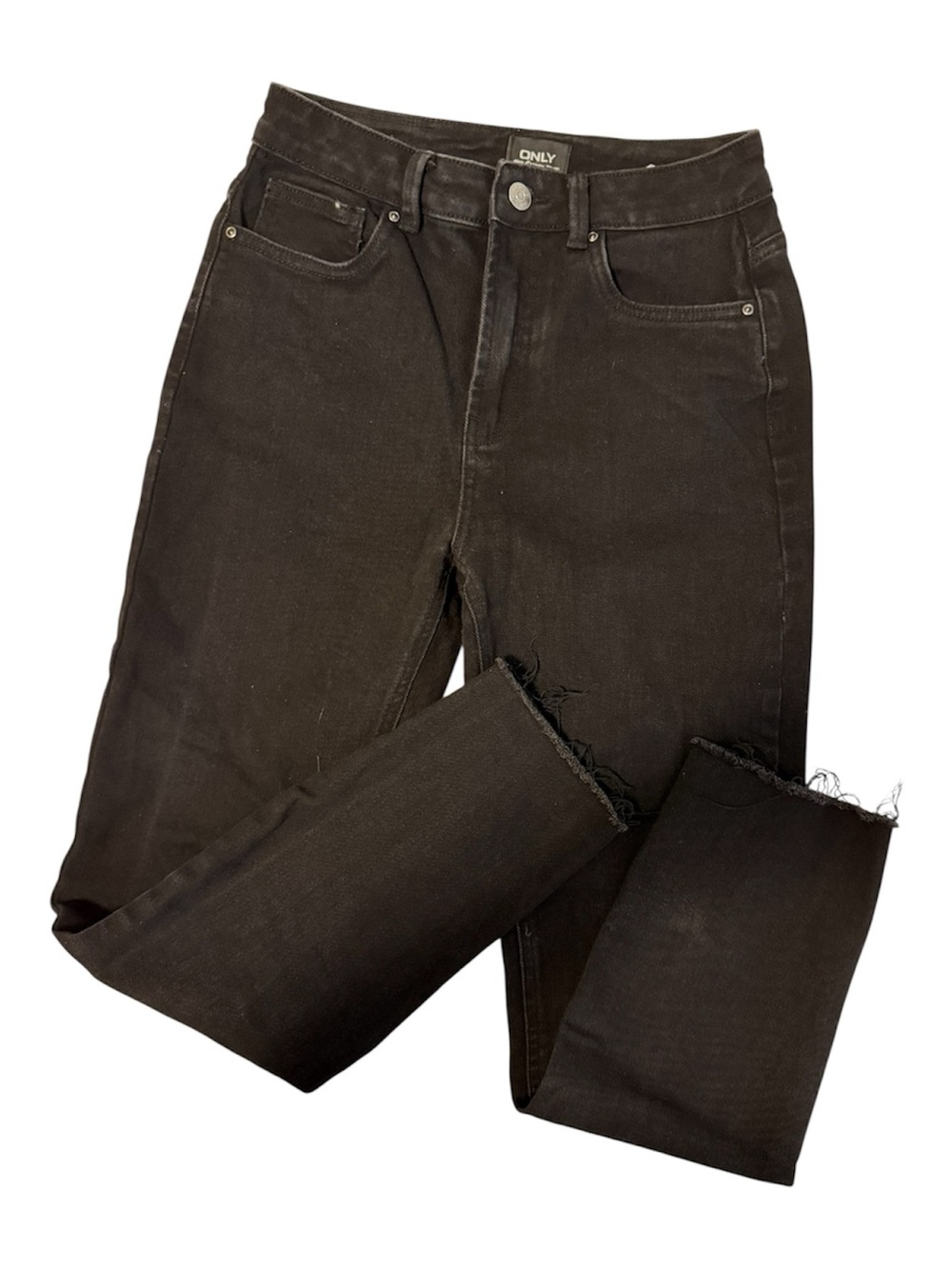 ONLY Black Straight Leg Jeans Women’s 28x27 Stretch Denim Raw Hem